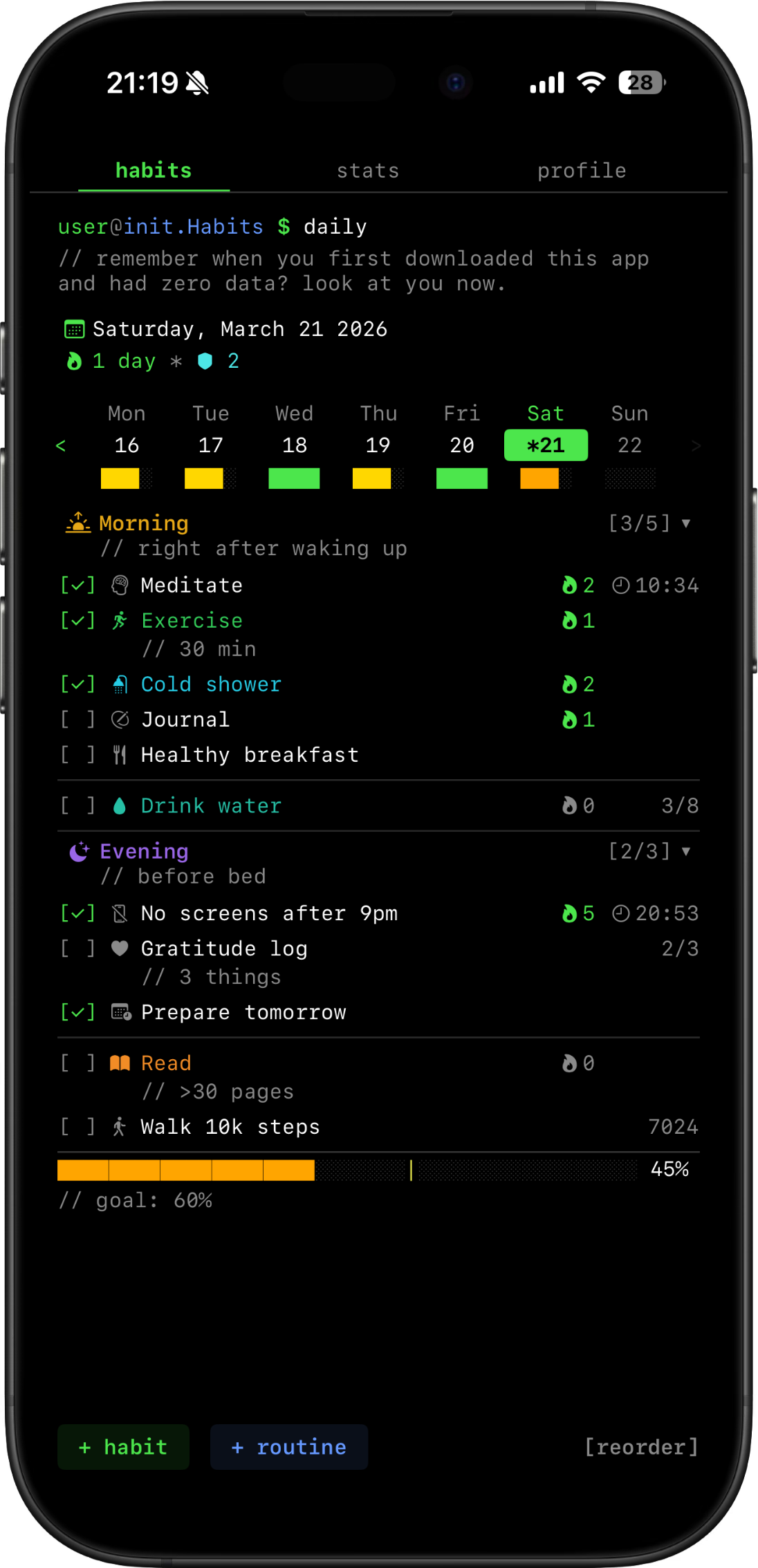 init.Habits app in dark mode