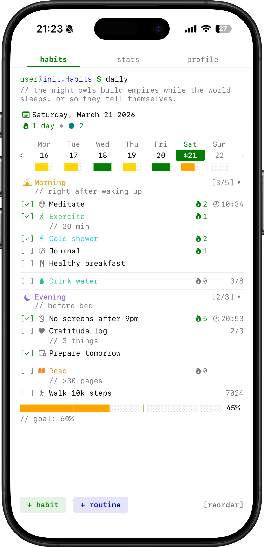 init.Habits app in light mode